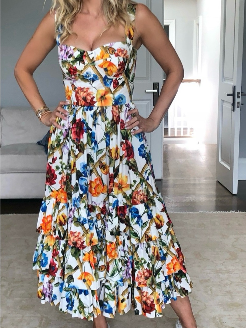 Dolce Gabbana White Floral Tiered Midi Dress